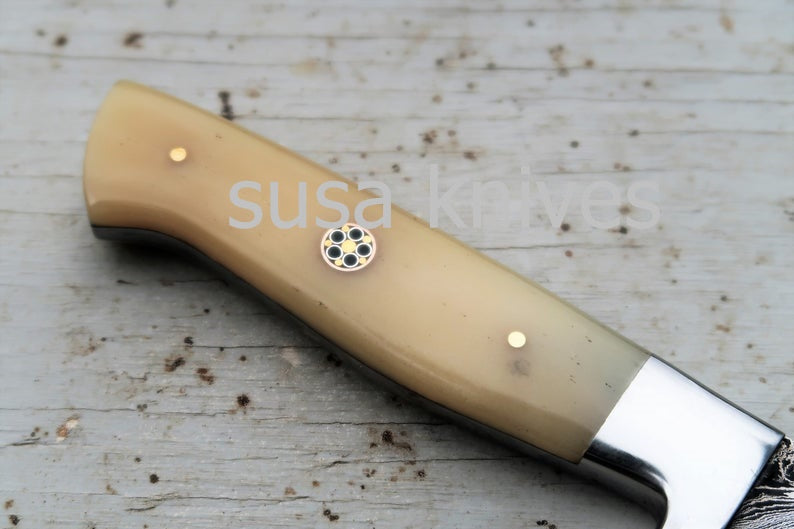 3.5" Bone Chef Knife; Twist Pattern Damascus steel, Natural Bone handle - SUSA KNIVES