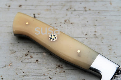 3.5" Bone Chef Knife; Twist Pattern Damascus steel, Natural Bone handle - SUSA KNIVES