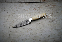 Load image into Gallery viewer, 3.5&quot; Bone Chef Knife; Twist Pattern Damascus steel, Natural Bone handle - SUSA KNIVES
