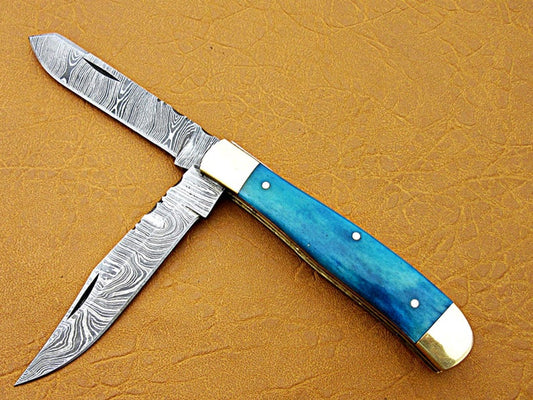 Custom Handmade Damascus Steel Double Blade Folding Pocket Knife - SUSA KNIVES