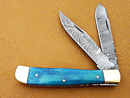 Custom Handmade Damascus Steel Double Blade Folding Pocket Knife - SUSA KNIVES