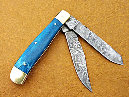 Custom Handmade Damascus Steel Double Blade Folding Pocket Knife - SUSA KNIVES