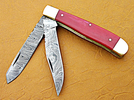 Custom Handmade Damascus Steel Double Blade Folding Pocket Knife - SUSA KNIVES