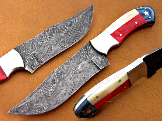 Custom Handmade Damascus Steel Fixed Blade Flag Handle Hunting Knife - SUSA KNIVES