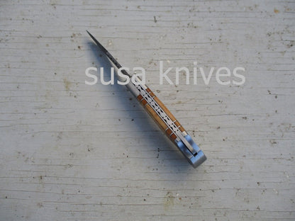 Double Inlay Folding Knife: Olive Wood and Twist Damascus Steel - SUSA KNIVES