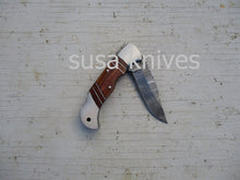 Load image into Gallery viewer, Double Inlay Folding Knife: Rosewood and Twist Damascus Steel - SUSA KNIVES
