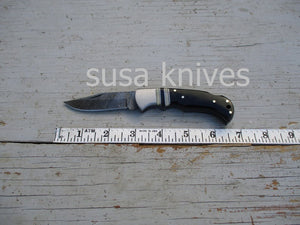 Offset Inlay Folding Knife: Bone & Horn, Twist Damascus Steel - SUSA KNIVES