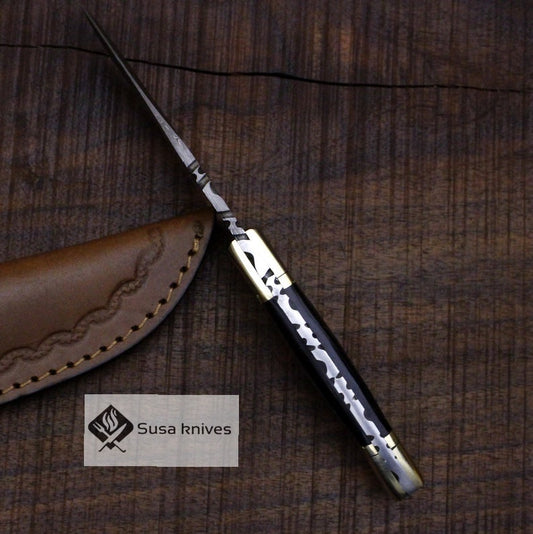 Damascus Bushcraft Knife with Buffalo Horn Scales - Hunting, Camping, Fixed Blade, Christmas, Anniversary Gift Men, Unique Knife, EDC, - SUSA KNIVES