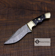 Load image into Gallery viewer, Damascus Bushcraft Knife with Buffalo Horn Scales - Hunting, Camping, Fixed Blade, Christmas, Anniversary Gift Men, Unique Knife, EDC, - SUSA KNIVES
