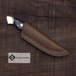 Damascus Bushcraft Knife with Buffalo Horn Scales - Hunting, Camping, Fixed Blade, Christmas, Anniversary Gift Men, Unique Knife, EDC, - SUSA KNIVES