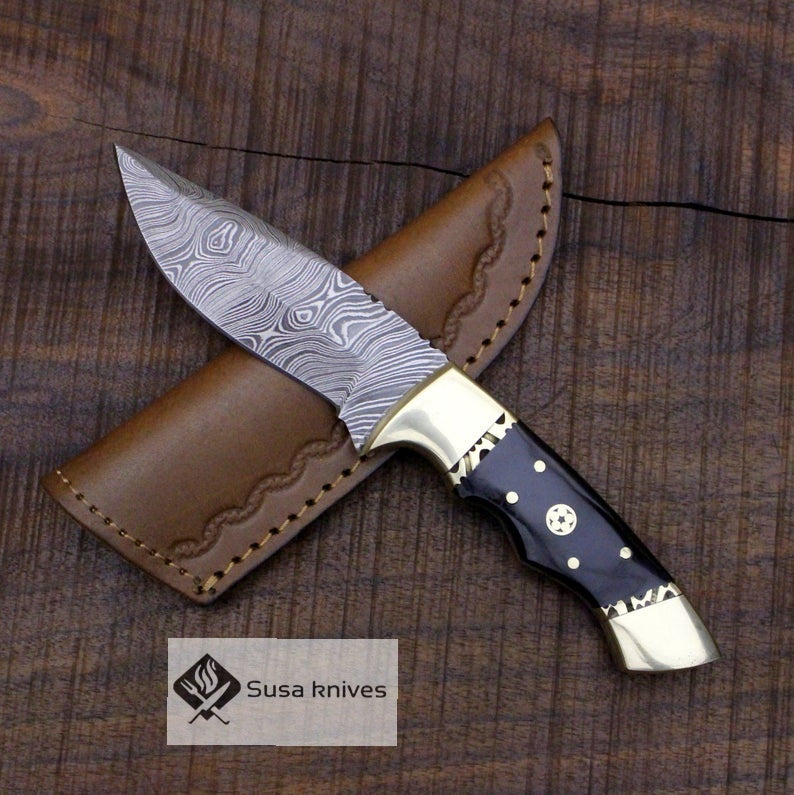 Damascus Bushcraft Knife with Buffalo Horn Scales - Hunting, Camping, Fixed Blade, Christmas, Anniversary Gift Men, Unique Knife, EDC, - SUSA KNIVES