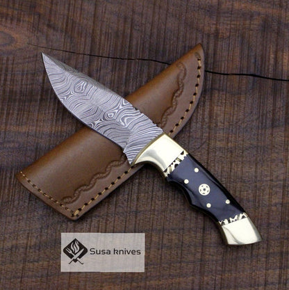 Damascus Bushcraft Knife with Buffalo Horn Scales - Hunting, Camping, Fixed Blade, Christmas, Anniversary Gift Men, Unique Knife, EDC, - SUSA KNIVES