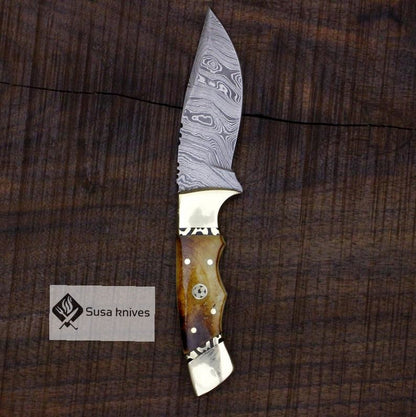 Damascus Bushcraft Knife with Torched Camel Bone Scales - Hunting, Camping, Fixed Blade, Christmas, Anniversary Gift Men, Unique Knife - SUSA KNIVES