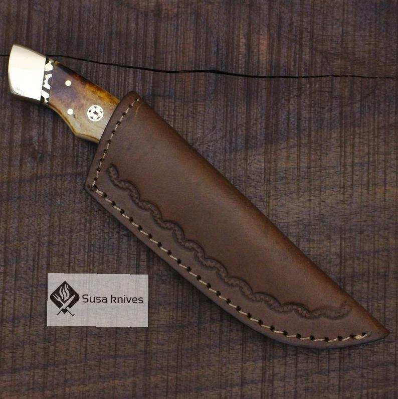Damascus Bushcraft Knife with Torched Camel Bone Scales - Hunting, Camping, Fixed Blade, Christmas, Anniversary Gift Men, Unique Knife - SUSA KNIVES