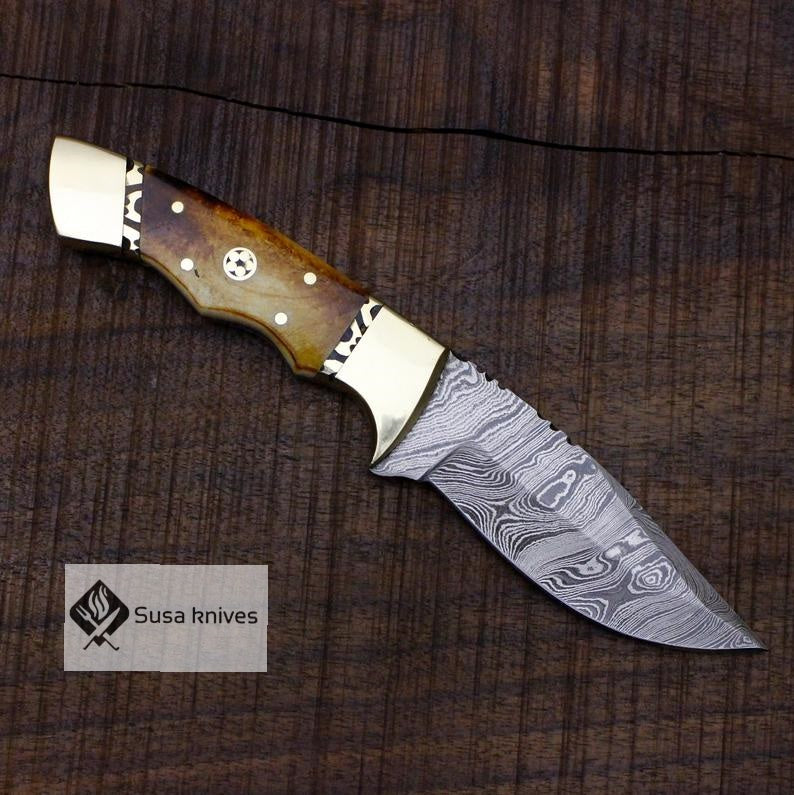 Damascus Bushcraft Knife with Torched Camel Bone Scales - Hunting, Camping, Fixed Blade, Christmas, Anniversary Gift Men, Unique Knife - SUSA KNIVES