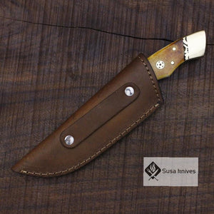 Damascus Bushcraft Knife with Torched Camel Bone Scales - Hunting, Camping, Fixed Blade, Christmas, Anniversary Gift Men, Unique Knife - SUSA KNIVES