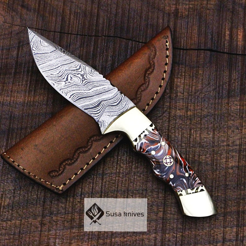 One of a Kind Damascus Bushcraft Knife w Acrylic Scales - Hunting, Camping, Fixed Blade, Christmas, Anniversary Gift Men, Unique Knife, - SUSA KNIVES