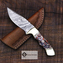 Load image into Gallery viewer, One of a Kind Damascus Bushcraft Knife w Acrylic Scales - Hunting, Camping, Fixed Blade, Christmas, Anniversary Gift Men, Unique Knife, - SUSA KNIVES
