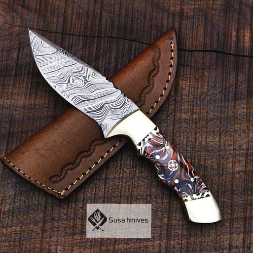 One of a Kind Damascus Bushcraft Knife w Acrylic Scales - Hunting, Camping, Fixed Blade, Christmas, Anniversary Gift Men, Unique Knife, - SUSA KNIVES