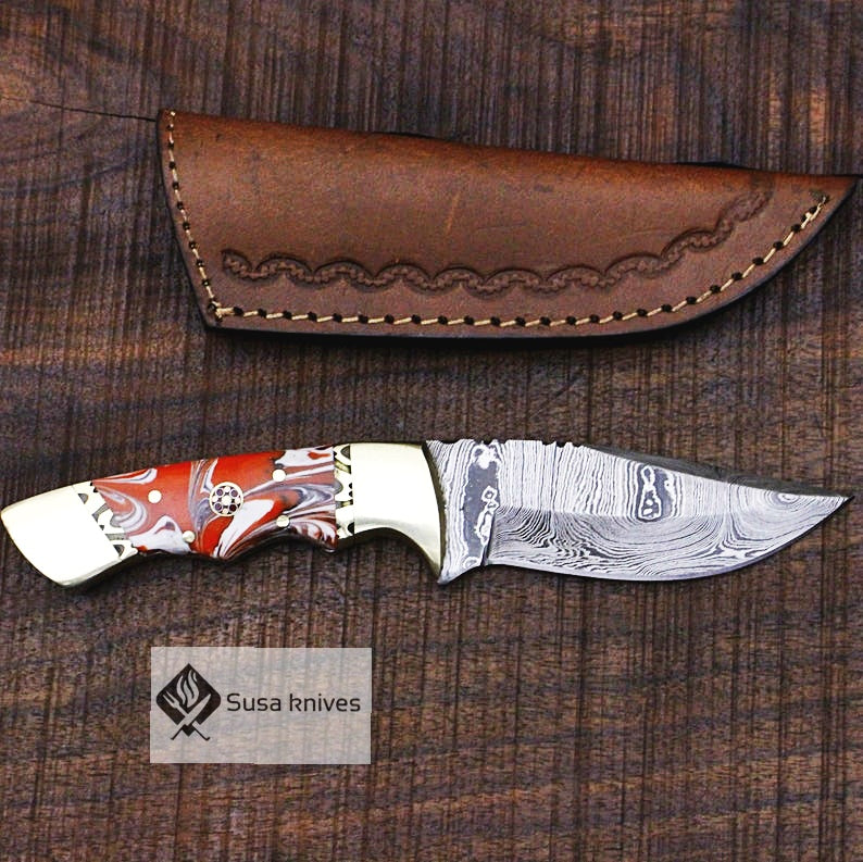 One of a Kind Damascus Bushcraft Knife w Acrylic Scales - Hunting, Camping, Fixed Blade, Christmas, Anniversary Gift Men, Unique Knife, - SUSA KNIVES