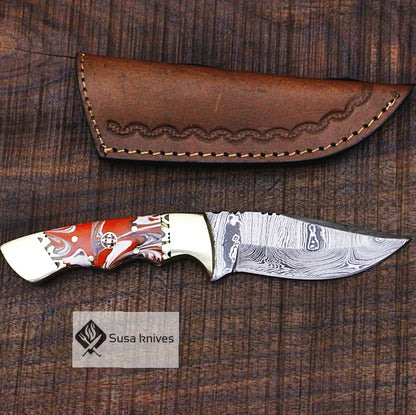 One of a Kind Damascus Bushcraft Knife w Acrylic Scales - Hunting, Camping, Fixed Blade, Christmas, Anniversary Gift Men, Unique Knife, - SUSA KNIVES