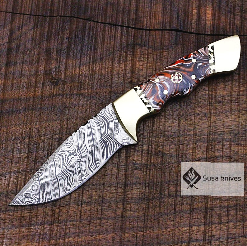 One of a Kind Damascus Bushcraft Knife w Acrylic Scales - Hunting, Camping, Fixed Blade, Christmas, Anniversary Gift Men, Unique Knife, - SUSA KNIVES