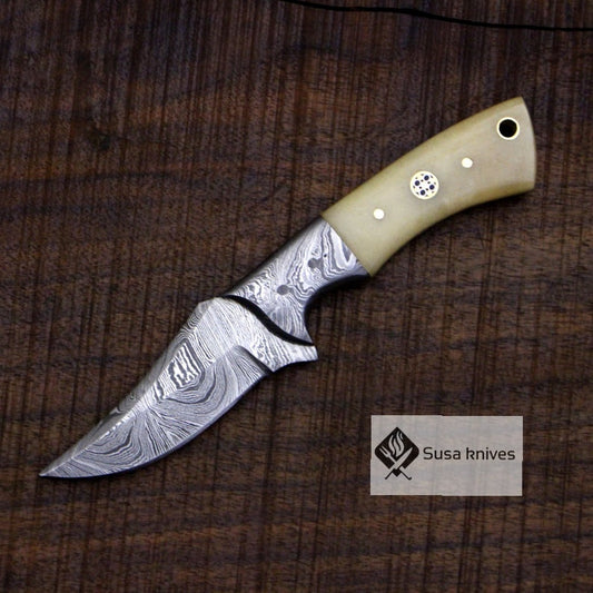 Damascus Bushcraft Knife with Camel Bone Handle - Hunting, Camping, Fixed Blade, Christmas, Anniversary Gift Men, Unique Knife - SUSA KNIVES