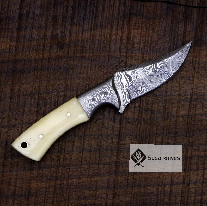 Damascus Bushcraft Knife with Camel Bone Handle - Hunting, Camping, Fixed Blade, Christmas, Anniversary Gift Men, Unique Knife - SUSA KNIVES
