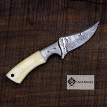 Load image into Gallery viewer, Damascus Bushcraft Knife with Camel Bone Handle - Hunting, Camping, Fixed Blade, Christmas, Anniversary Gift Men, Unique Knife - SUSA KNIVES
