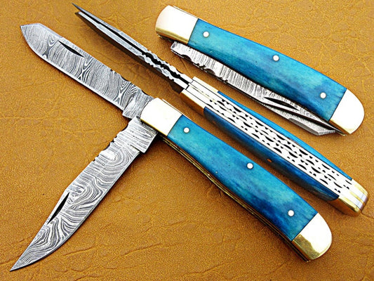 Custom Handmade Damascus Steel Double Blade Folding Pocket Knife - SUSA KNIVES