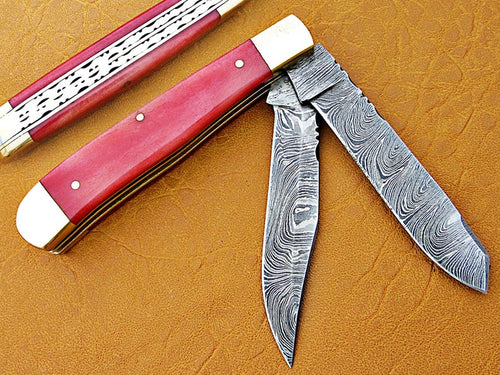 Custom Handmade Damascus Steel Double Blade Folding Pocket Knife - SUSA KNIVES