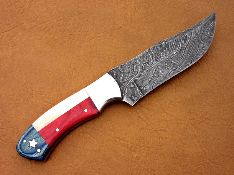 Custom Handmade Damascus Steel Fixed Blade Flag Handle Hunting Knife - SUSA KNIVES