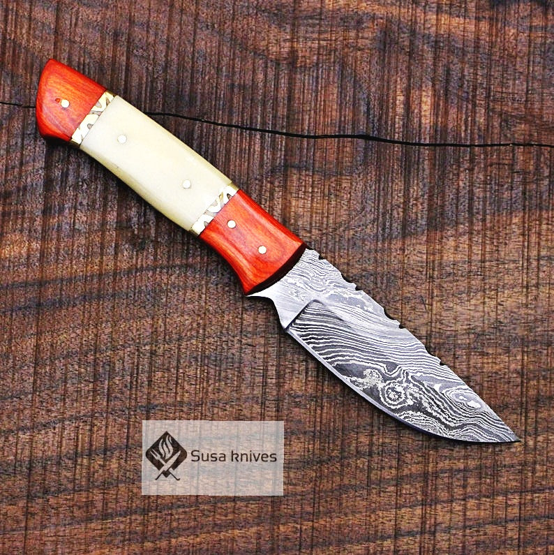 9.5" Damascus Bushcraft Knife - Hunting, Camping, Fixed Blade, Christmas, Anniversary Gift Men, Unique Knife, EDC, Fixed Blade, Survival - SUSA KNIVES
