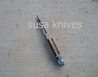 Double Inlay Folding Knife: Rosewood and Twist Damascus Steel - SUSA KNIVES