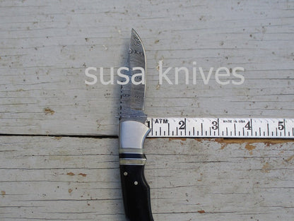 Offset Inlay Folding Knife: Bone & Horn, Twist Damascus Steel - SUSA KNIVES