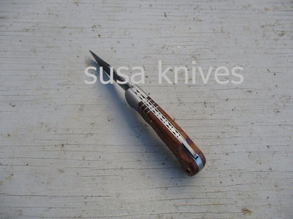 Offset Inlay Folding Knife: Walnut wood, Twist Damascus Steel - SUSA KNIVES