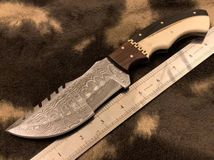 Damascus Tracker Knife Hunting Knife buffalo bone/buffalo horn/Walnut wood, Ladder Pattern, Blank +Sheath - SUSA KNIVES