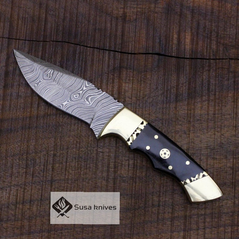 Damascus Bushcraft Knife with Buffalo Horn Scales - Hunting, Camping, Fixed Blade, Christmas, Anniversary Gift Men, Unique Knife, EDC, - SUSA KNIVES