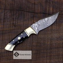 Load image into Gallery viewer, Damascus Bushcraft Knife with Buffalo Horn Scales - Hunting, Camping, Fixed Blade, Christmas, Anniversary Gift Men, Unique Knife, EDC, - SUSA KNIVES
