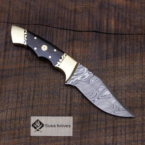 Damascus Bushcraft Knife with Buffalo Horn Scales - Hunting, Camping, Fixed Blade, Christmas, Anniversary Gift Men, Unique Knife, EDC, - SUSA KNIVES
