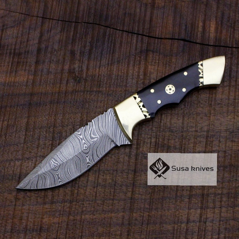 Damascus Bushcraft Knife with Buffalo Horn Scales - Hunting, Camping, Fixed Blade, Christmas, Anniversary Gift Men, Unique Knife, EDC, - SUSA KNIVES