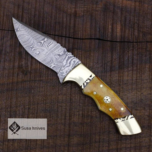 Damascus Bushcraft Knife with Torched Camel Bone Scales - Hunting, Camping, Fixed Blade, Christmas, Anniversary Gift Men, Unique Knife - SUSA KNIVES