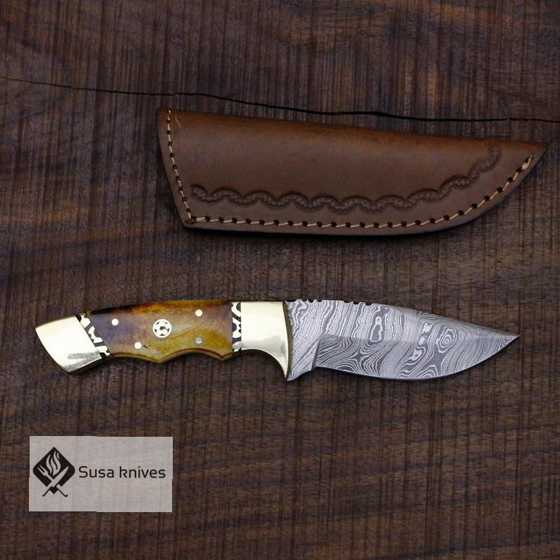 Damascus Bushcraft Knife with Torched Camel Bone Scales - Hunting, Camping, Fixed Blade, Christmas, Anniversary Gift Men, Unique Knife - SUSA KNIVES