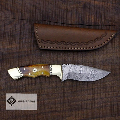Damascus Bushcraft Knife with Torched Camel Bone Scales - Hunting, Camping, Fixed Blade, Christmas, Anniversary Gift Men, Unique Knife - SUSA KNIVES