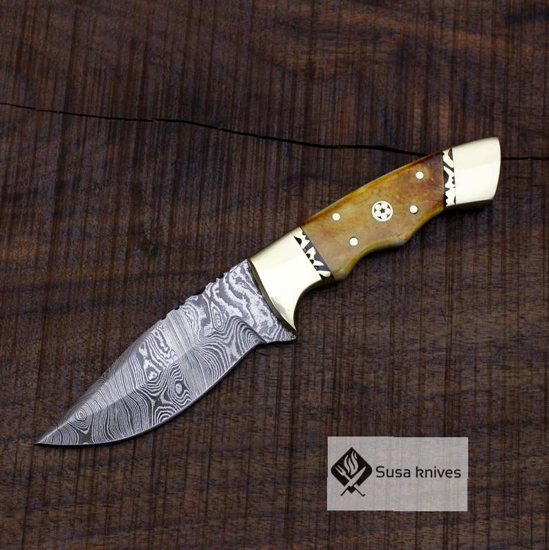 Damascus Bushcraft Knife with Torched Camel Bone Scales - Hunting, Camping, Fixed Blade, Christmas, Anniversary Gift Men, Unique Knife - SUSA KNIVES