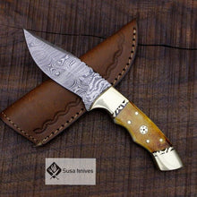 Load image into Gallery viewer, Damascus Bushcraft Knife with Torched Camel Bone Scales - Hunting, Camping, Fixed Blade, Christmas, Anniversary Gift Men, Unique Knife - SUSA KNIVES
