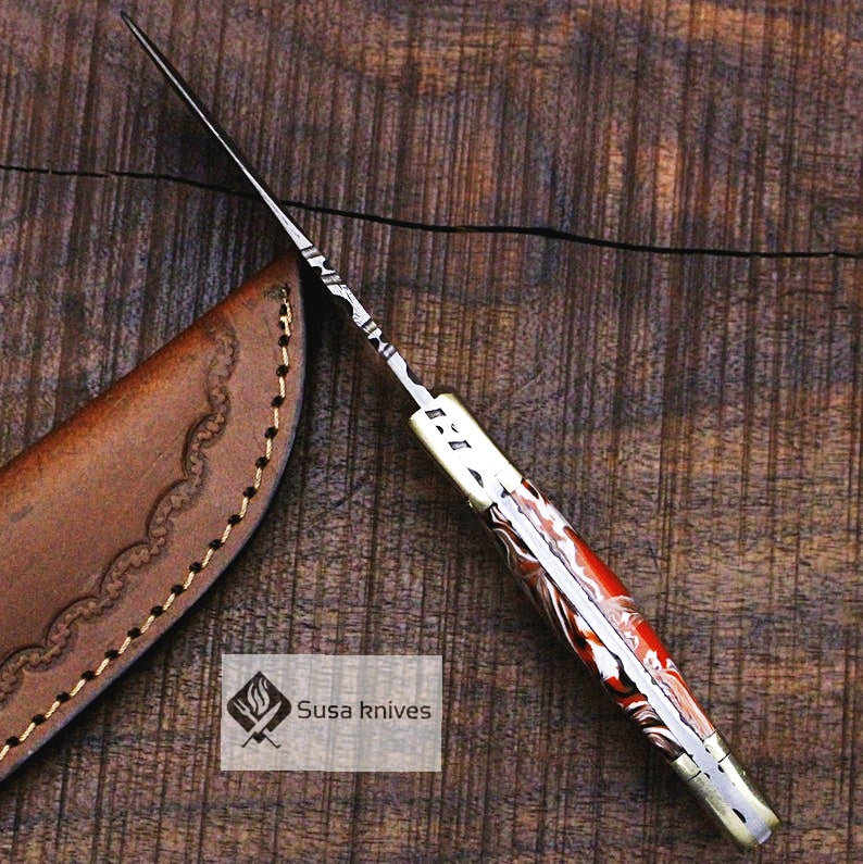 One of a Kind Damascus Bushcraft Knife w Acrylic Scales - Hunting, Camping,  Fixed Blade, Christmas, Anniversary Gift Men, Unique Knife