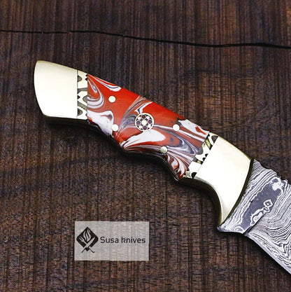 One of a Kind Damascus Bushcraft Knife w Acrylic Scales - Hunting, Camping, Fixed Blade, Christmas, Anniversary Gift Men, Unique Knife, - SUSA KNIVES