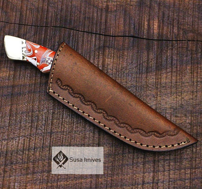 One of a Kind Damascus Bushcraft Knife w Acrylic Scales - Hunting, Camping, Fixed Blade, Christmas, Anniversary Gift Men, Unique Knife, - SUSA KNIVES