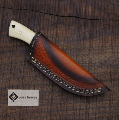 Damascus Bushcraft Knife with Camel Bone Handle - Hunting, Camping, Fixed Blade, Christmas, Anniversary Gift Men, Unique Knife - SUSA KNIVES